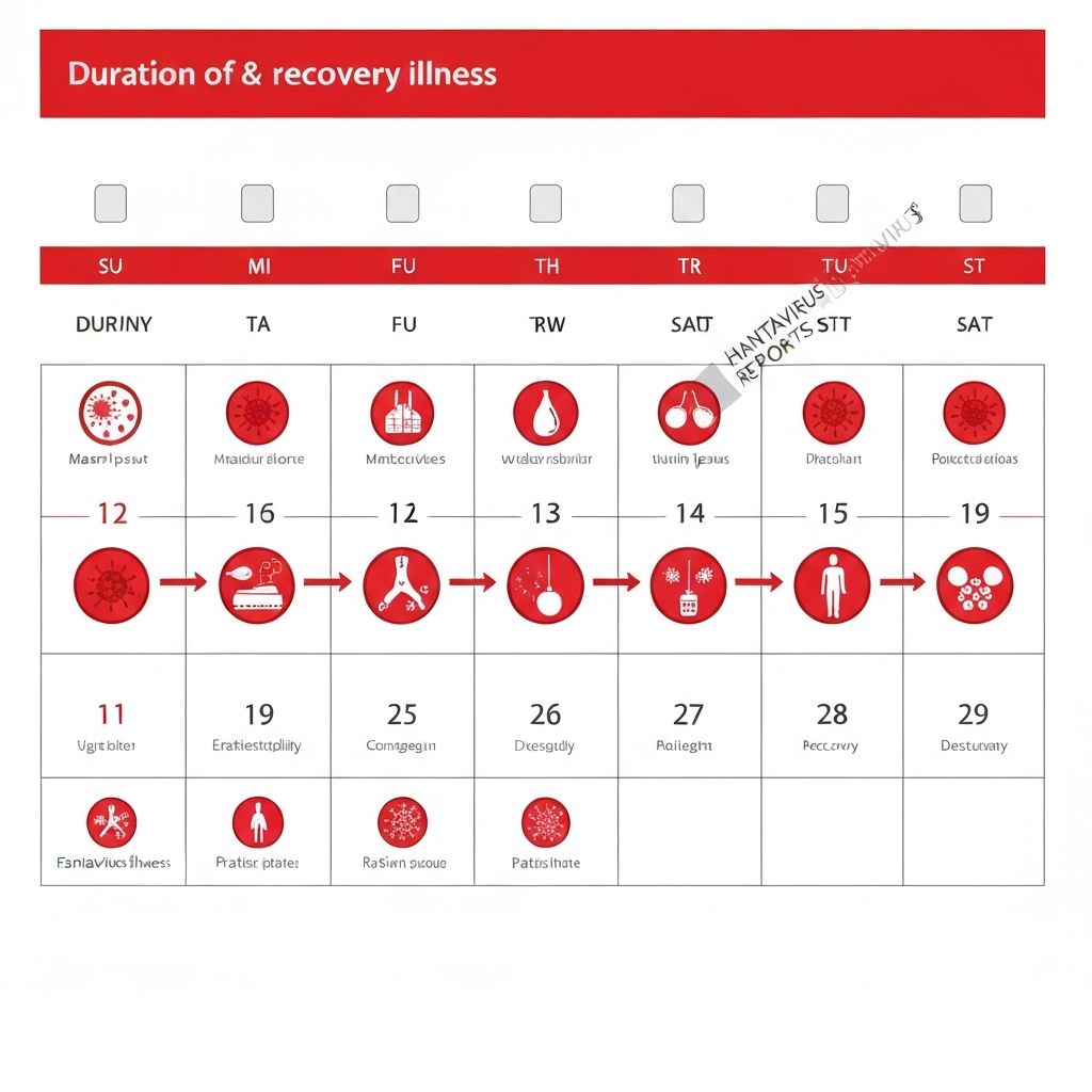 Medical timeline infographic showing hantavirus illness duration phases from incubation through recovery