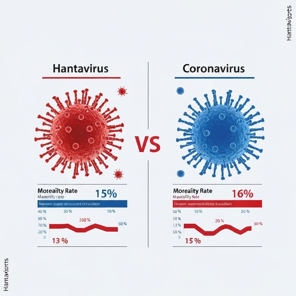 Medical infographic comparing hantavirus and coronavirus mortality rates and characteristics