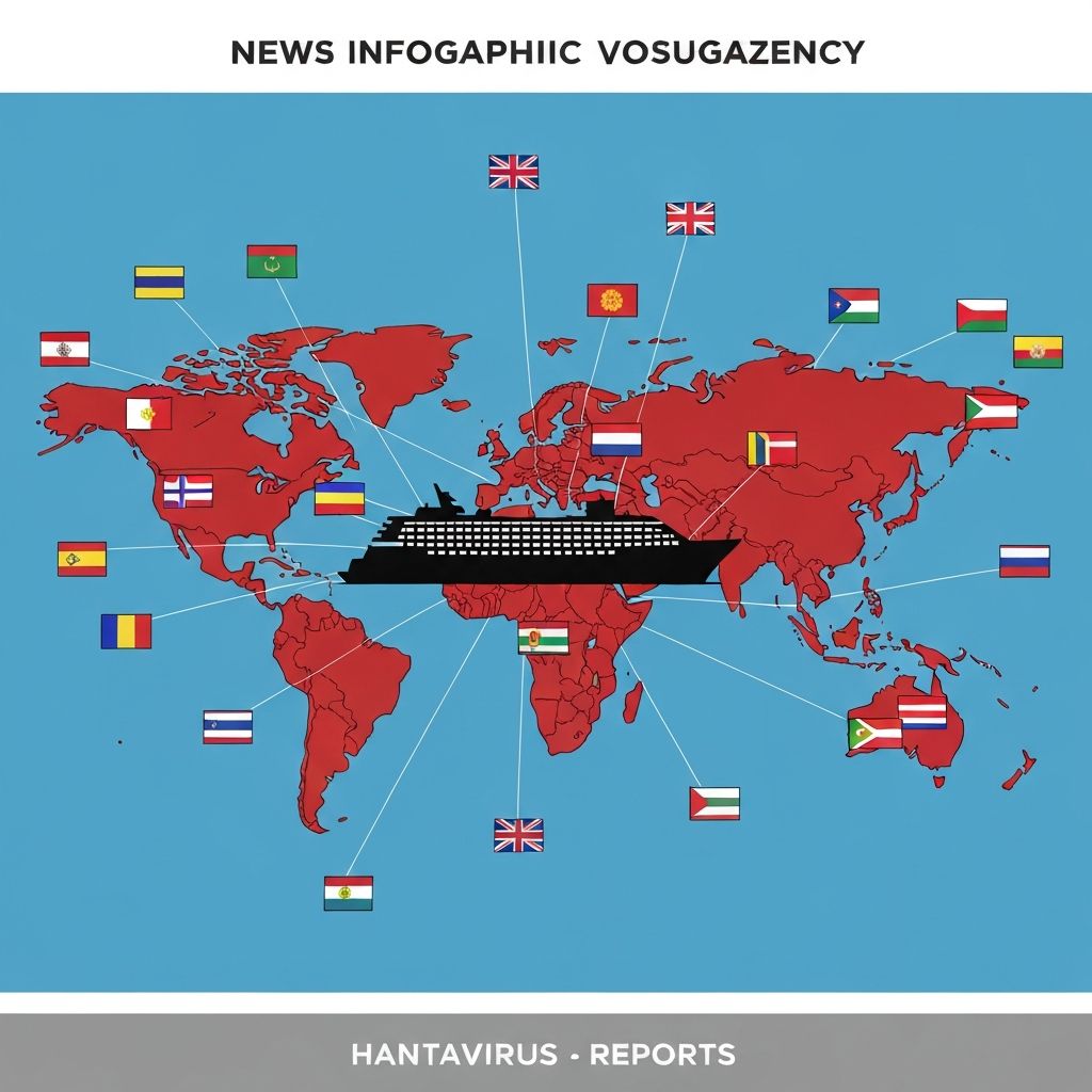 World map showing international scope of MV Hondius hantavirus outbreak with passengers from over 20 countries