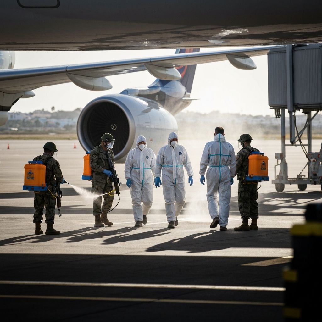Passengers in protective suits being sprayed with disinfectant during MV Hondius evacuation at Tenerife airport